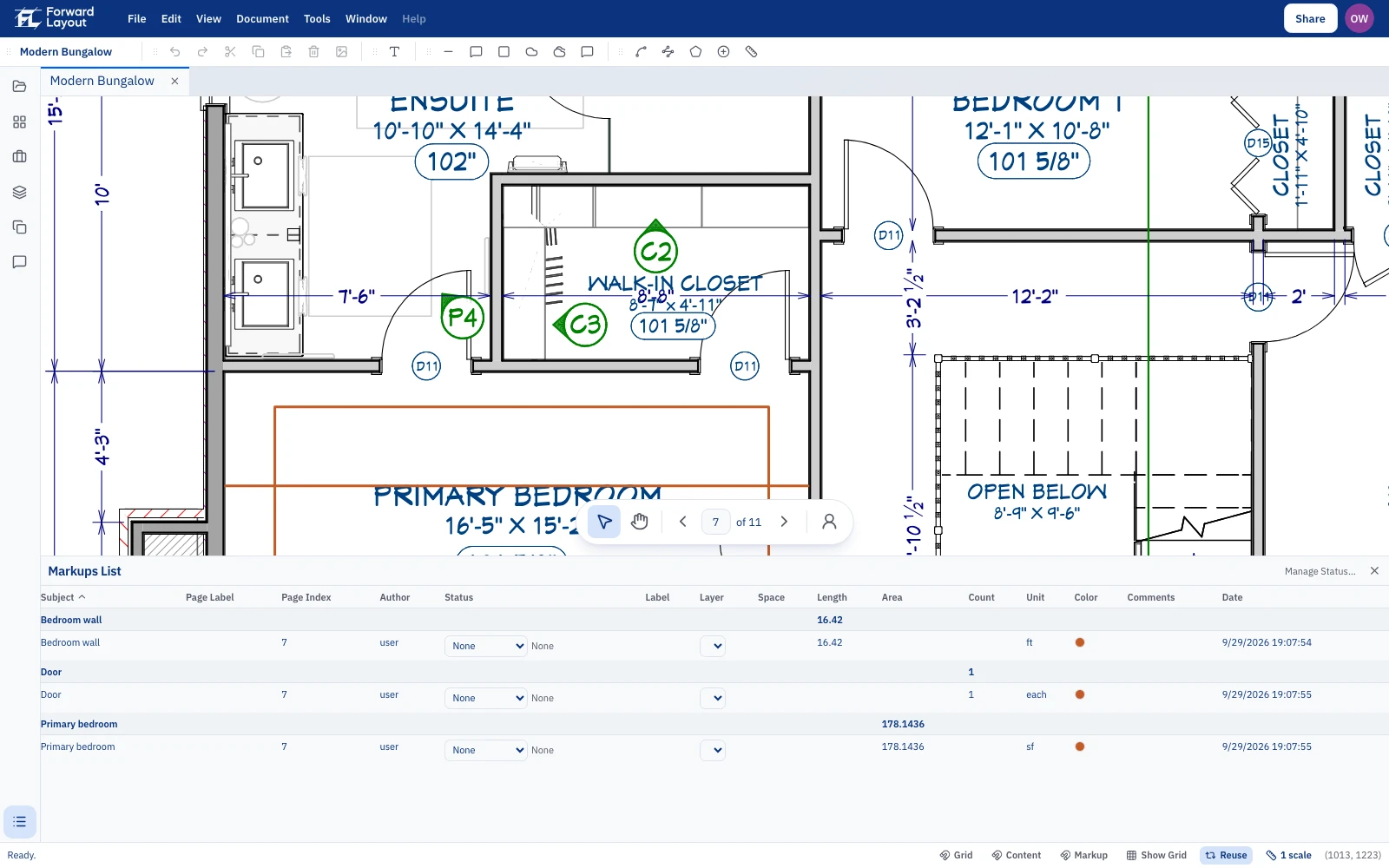Desk on a floor plan with a length, a door count, and a room area. The Markups List groups them by name.